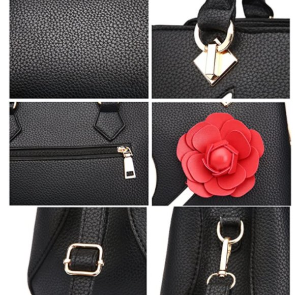 Black Leather Handbag with 3D Rose Design - Picture 4 of 5